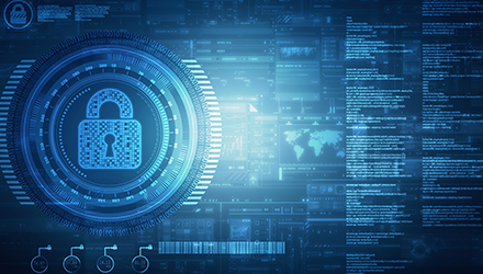 Blue padlock and data stream