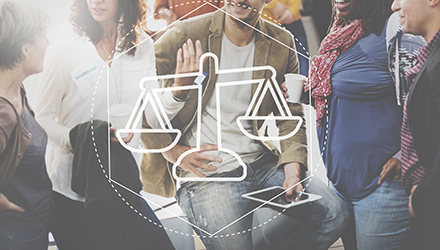 Group of people talking and Scales of Justice icon