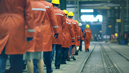 Uniformed factory workers