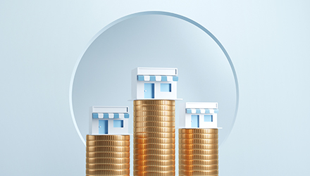 3 stores on stack of gold coins