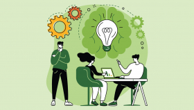Cartoon image of people sitting at a desk with a lightbulb hanging in the air to symbolize thinking