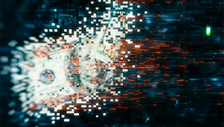 hundred dollar bill turning into digital pixels