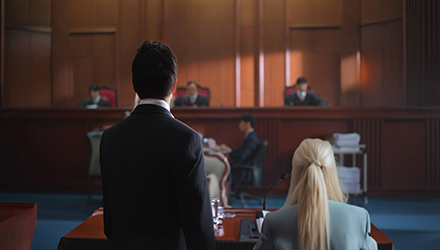 A courtroom with judge, lawyer, client and steno