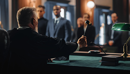 A judge with a gavel and litigants