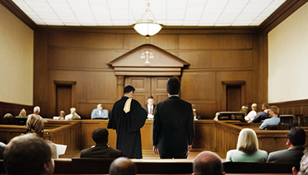 A courtroom with lawyers arguing