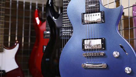 close up of guitars